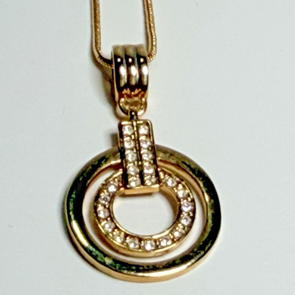 Double Circle Pendant Necklace Drop Earrings Jewelry Set Gold Tone Rhinestone - Picture 3 of 6